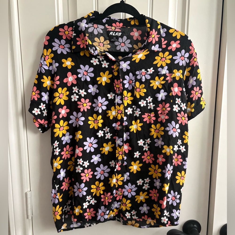 Women's Floral Button-Up Top - Black with Multicolor Flowers - Picture 2 of 6